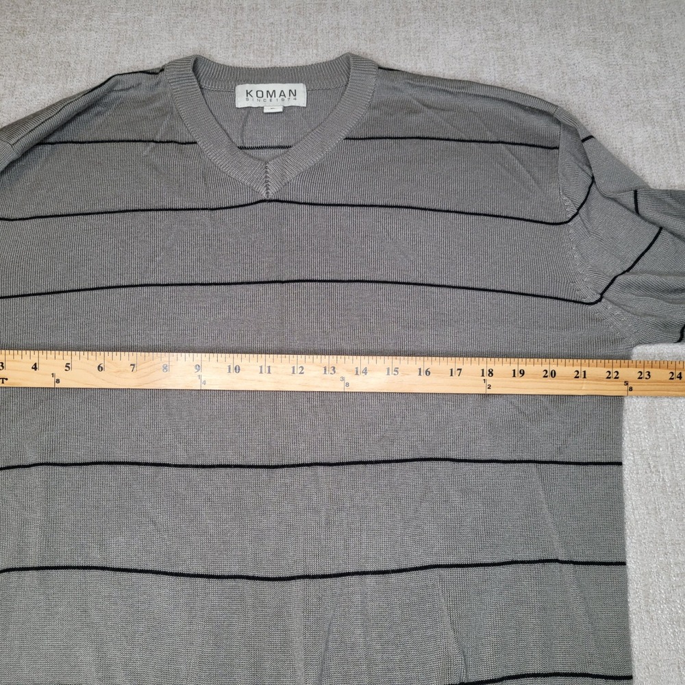 Koman Sweater Mens XL Gray Striped V-Neck Long Sleeve Acrylic Pullover - Picture 6 of 9